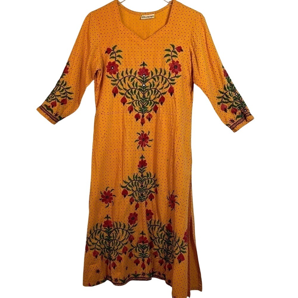 Ishwaram Hindu Vintage Floral Embroidered Orange Polka Dot Dress Mirror Accents